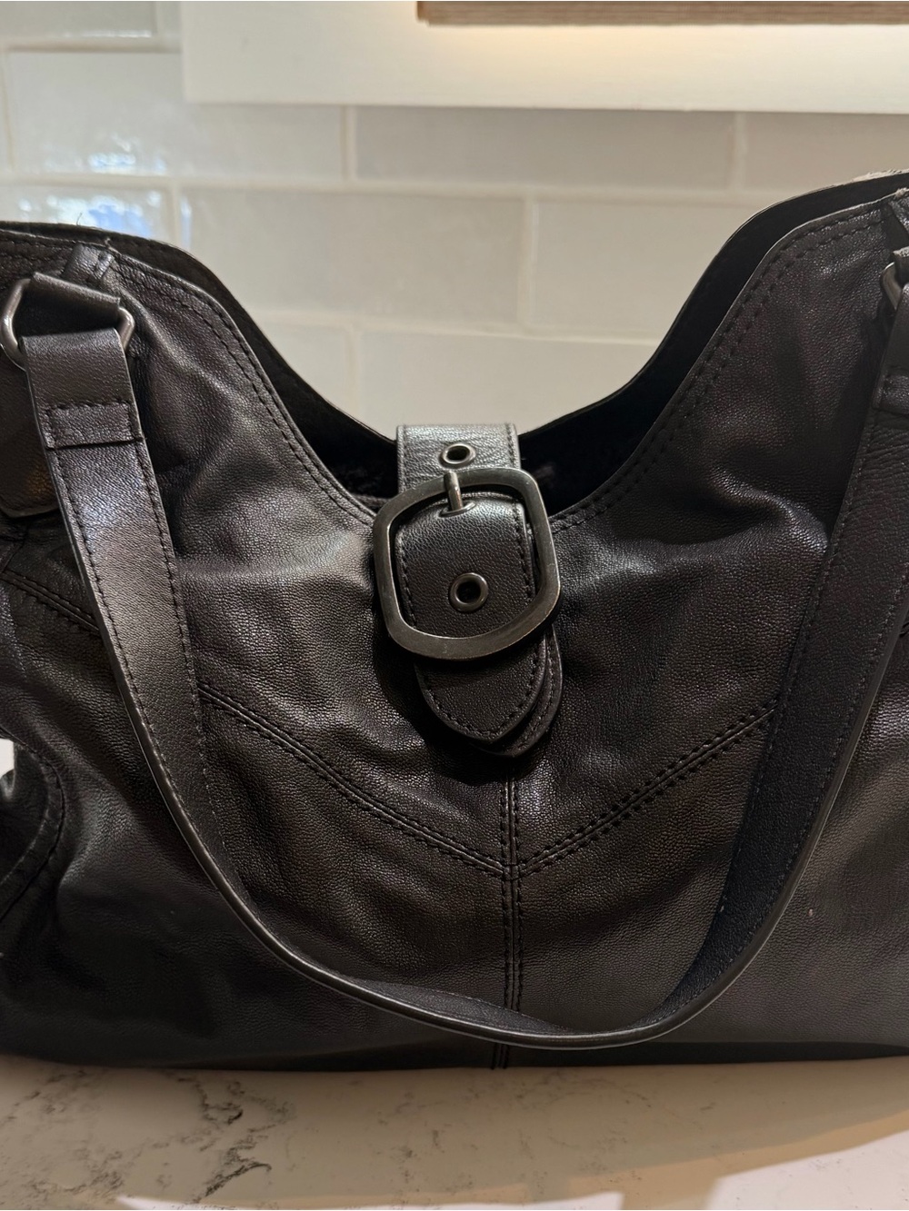 Classic Black Leather Shoulder Bag with Buckle Detail